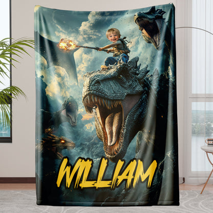 Custom Personalized Photo Blanket - The Magician Boy on Dinosaur