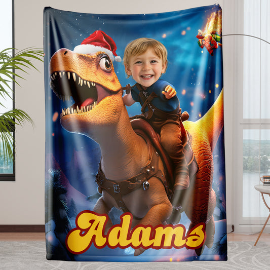 Custom Personalized Photo Blanket - Christmas Baby T-Rex - Dinosaur Blanket