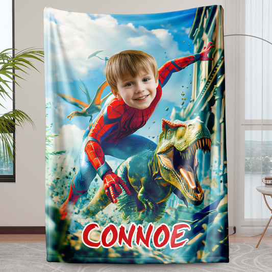 Custom Personalized Photo Blanket - Velociraptor Rider Spider Hero