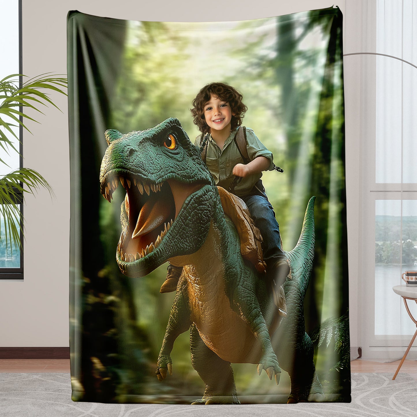 Custom Personalized Photo Blanket - Jungle T-Rex Rider Boy Dinosaur Blanket