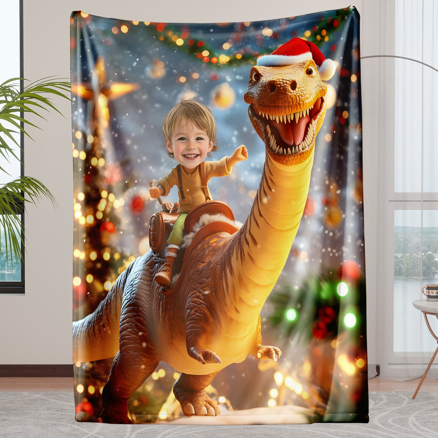 Custom Personalized Photo Blanket - Christmas Apatosaurus Kid - Dinosaur Blanket