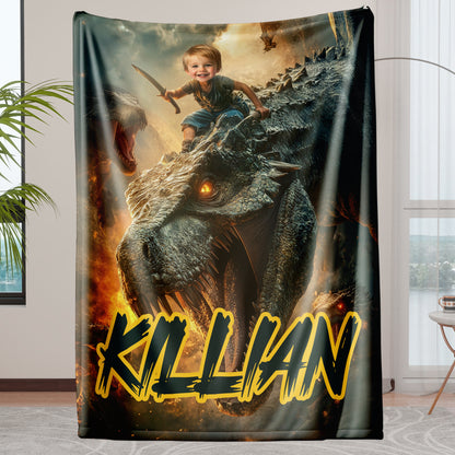 Custom Personalized Photo Blanket - Dinosaur Rider In The Flames Of War