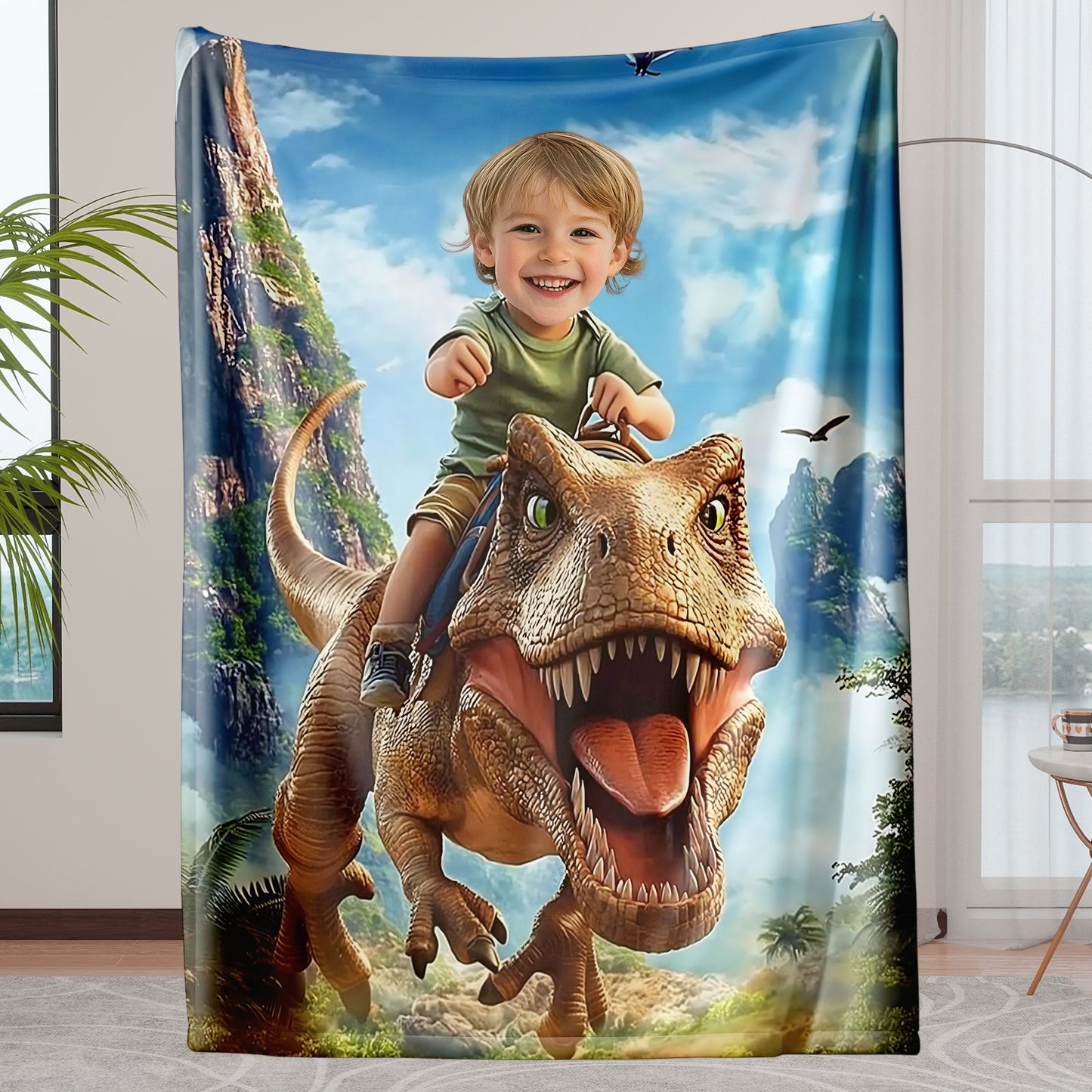 Custom Personalized Photo Blanket - Velociraptor Rider in the Valley - Dinosaur Blanket