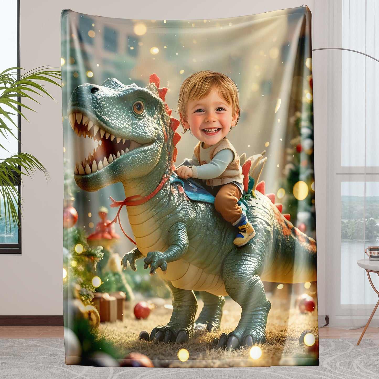 Custom Personalized Photo Blanket - Christmas Baby Dinosaur Blanket