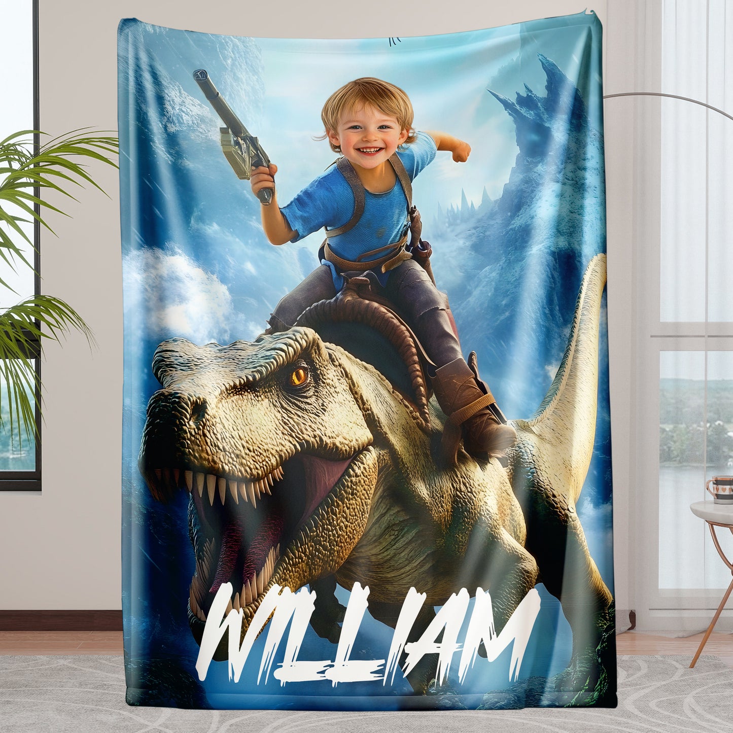 Custom Personalized Photo Blanket - T-Rex Rider Boy Glacier Gunner - Dinosaur Blanket