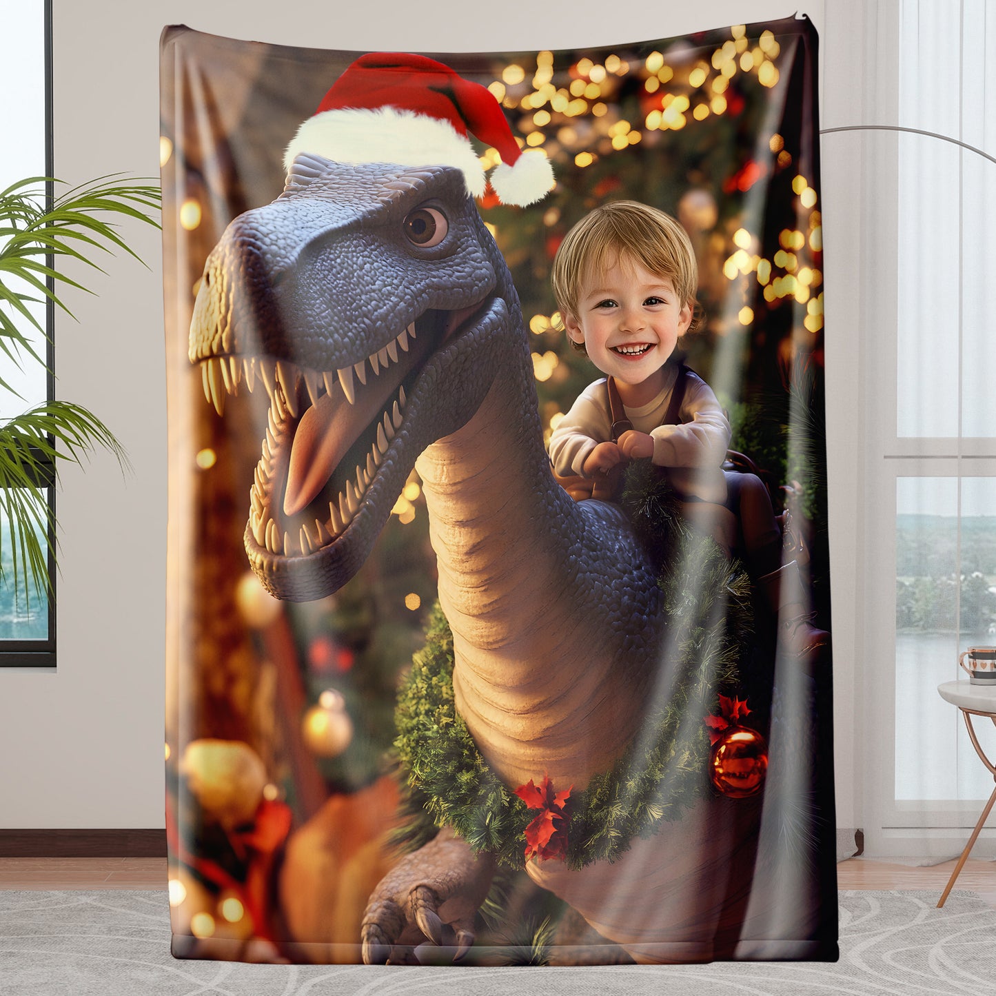 Custom Personalized Photo Blanket - Cute Dinosaur With Santa Hat - Dinosaur Blanket