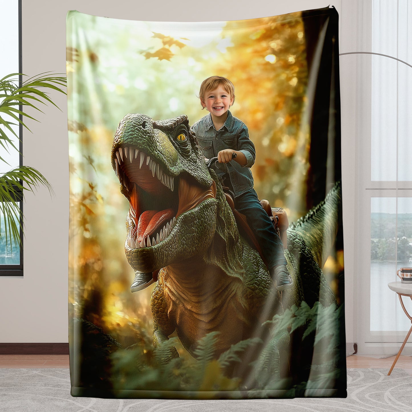 Custom Personalized Photo Blanket - T-Rex Rider Boy at Dawn - Dinosaur Blanket