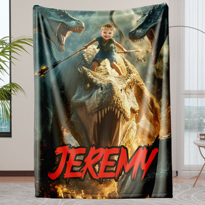 Custom Personalized Photo Blanket - Lancer on Dinosaur