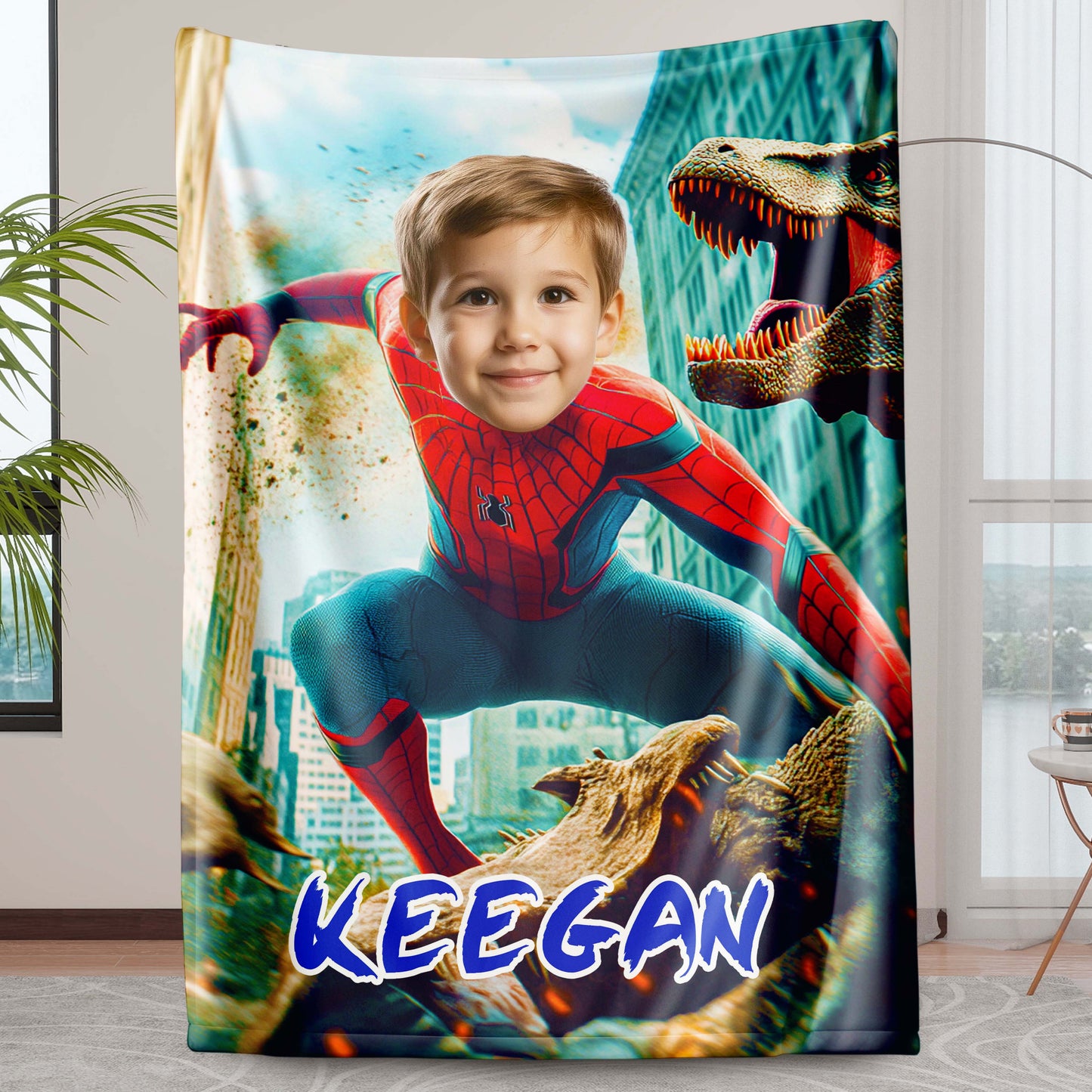 Custom Personalized Photo Blanket - Dinosaur Smasher Spider Hero