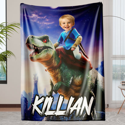 Custom Personalized Photo Blanket - T-Rex Knight Under The Starry Sky - Dinosaur Blanket