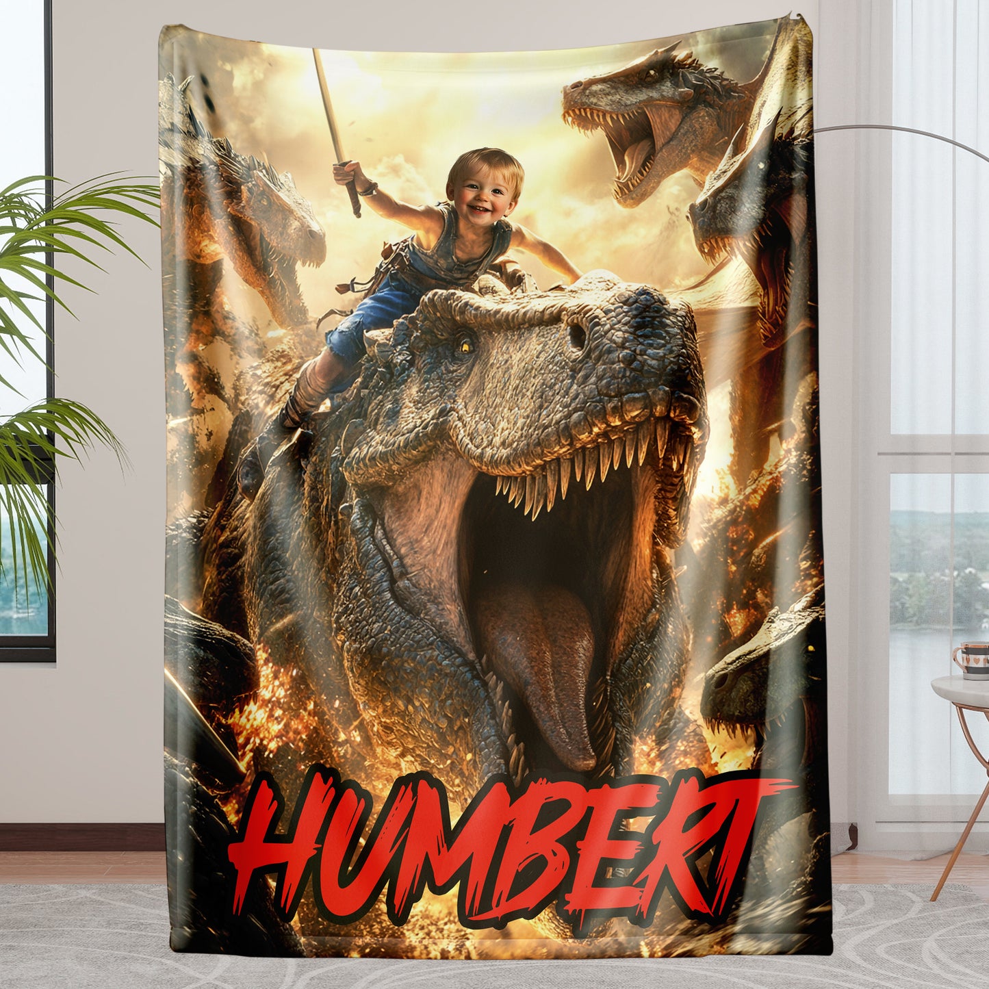 Custom Personalized Photo Blanket - Swordsman Boy On Dinosaur Back - Dinosaur Blanket