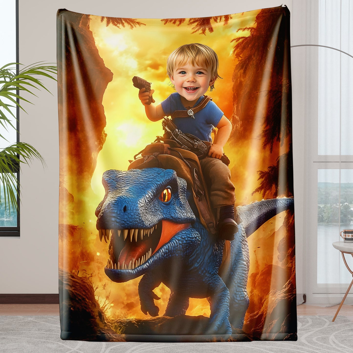 Custom Personalized Photo Blanket - Mini T-Rex and Cowboy - Dinosaur Blanket