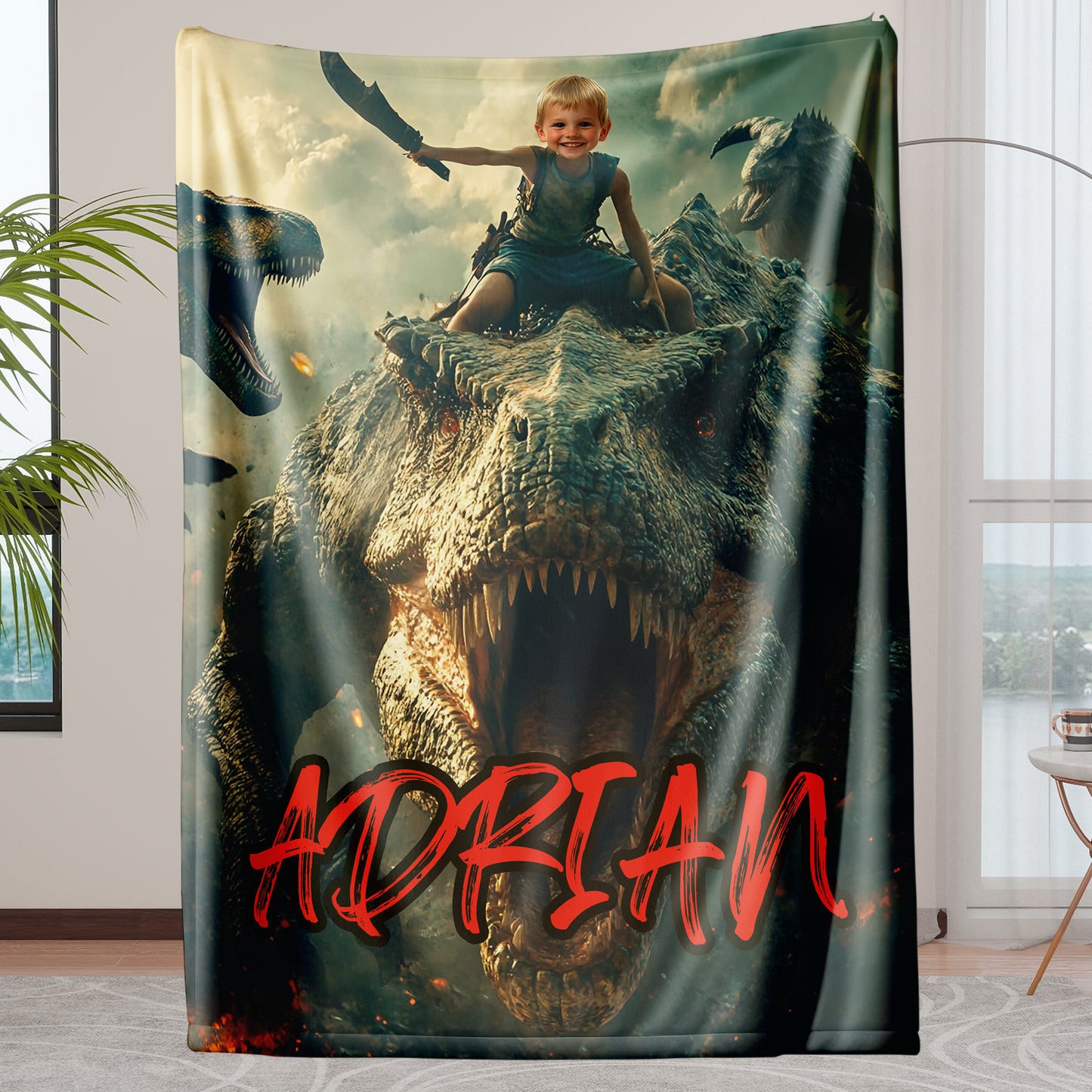 Custom Personalized Photo Blanket - Dinosaur Commander Boy Blanket