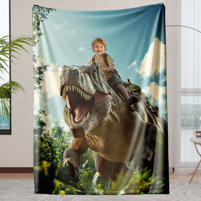 Custom Personalized Photo Blanket - Brave Boy Riding Dinosaur Blanket