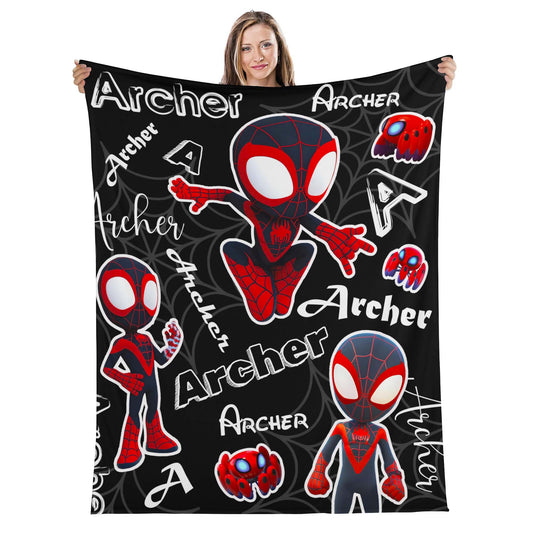 Custom Personalized Name Blanket - Cartoon Black Spider Hero