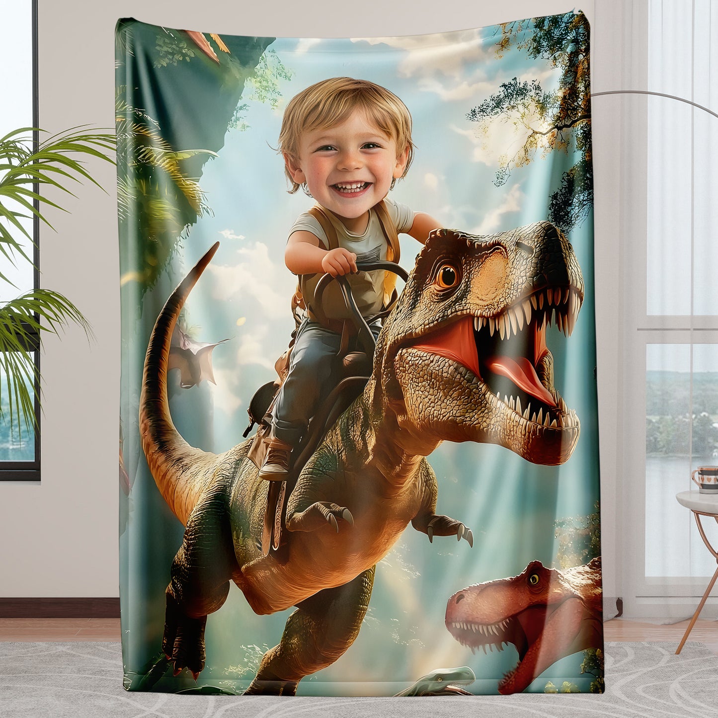 Custom Personalized Photo Blanket - Velociraptor Knight in the Mist - Dinosaur Blanket