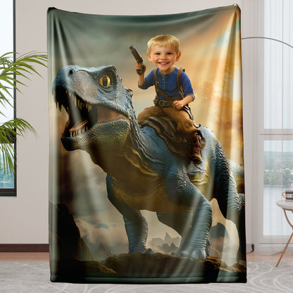 Custom Personalized Photo Blanket - Acrocanthosaurus and Cowboys - Dinosaur Blanket