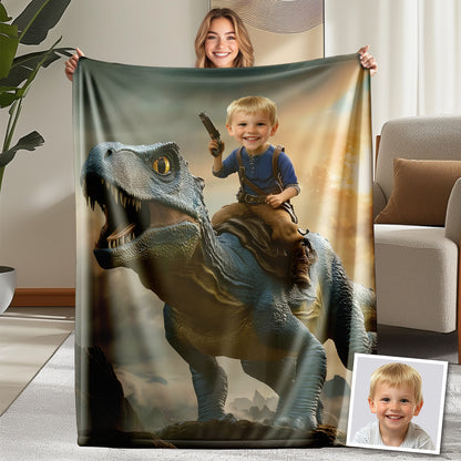 Custom Personalized Photo Blanket - Acrocanthosaurus and Cowboys - Dinosaur Blanket