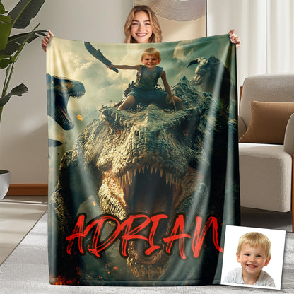 Custom Personalized Photo Blanket - Dinosaur Commander Boy Blanket