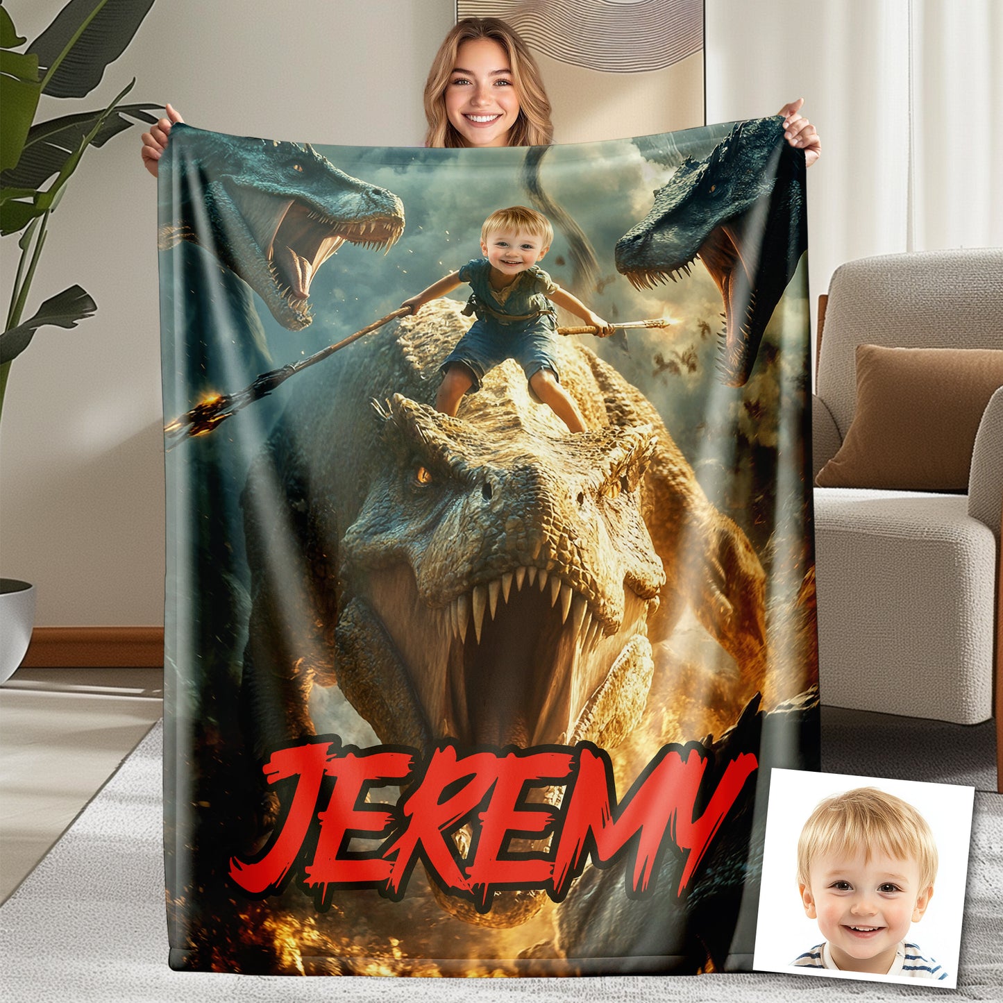 Custom Personalized Photo Blanket - Lancer on Dinosaur