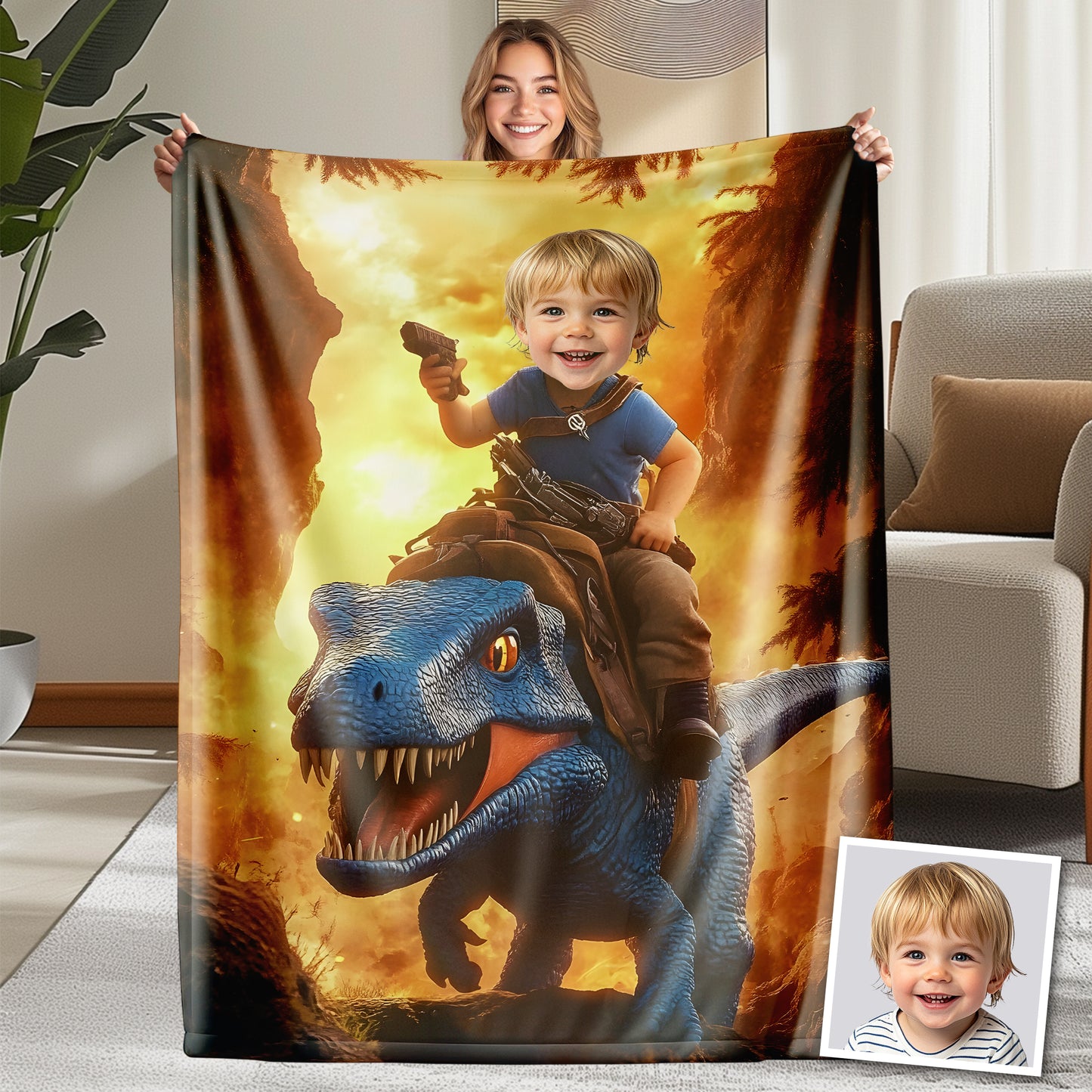 Custom Personalized Photo Blanket - Mini T-Rex and Cowboy - Dinosaur Blanket