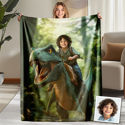 Custom Personalized Photo Blanket - Jungle T-Rex Rider Boy Dinosaur Blanket