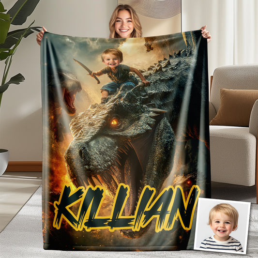 Custom Personalized Photo Blanket - Dinosaur Rider In The Flames Of War