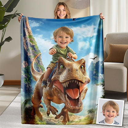 Custom Personalized Photo Blanket - Velociraptor Rider in the Valley - Dinosaur Blanket