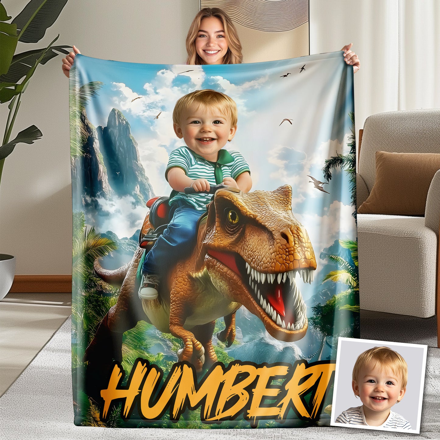 Custom Personalized Photo Blanket - Velociraptor Rider On The Peak - Dinosaur Blanket