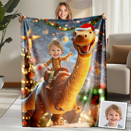 Custom Personalized Photo Blanket - Christmas Apatosaurus Kid - Dinosaur Blanket