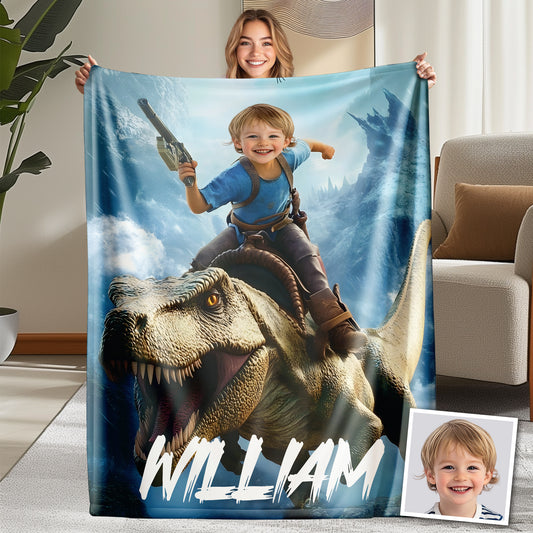 Custom Personalized Photo Blanket - T-Rex Rider Boy Glacier Gunner - Dinosaur Blanket