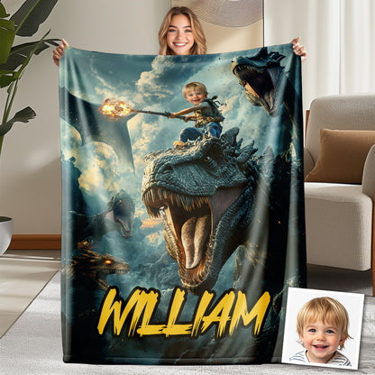 Custom Personalized Photo Blanket - The Magician Boy on Dinosaur