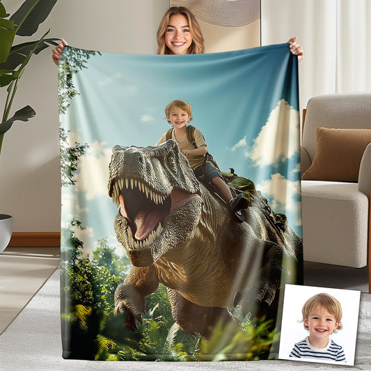 Custom Personalized Photo Blanket - Brave Boy Riding Dinosaur Blanket