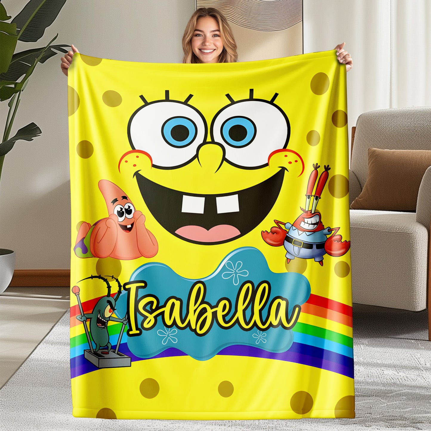 Custom Personalized Name Blanket - SроngеВоb Rainbow Blanket