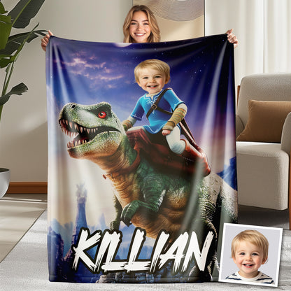 Custom Personalized Photo Blanket - T-Rex Knight Under The Starry Sky - Dinosaur Blanket