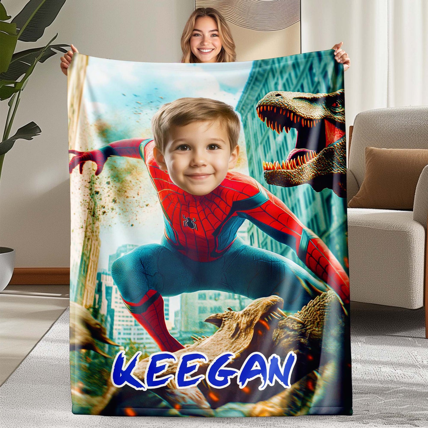 Custom Personalized Photo Blanket - Dinosaur Smasher Spider Hero