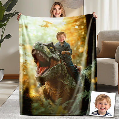 Custom Personalized Photo Blanket - T-Rex Rider Boy at Dawn - Dinosaur Blanket