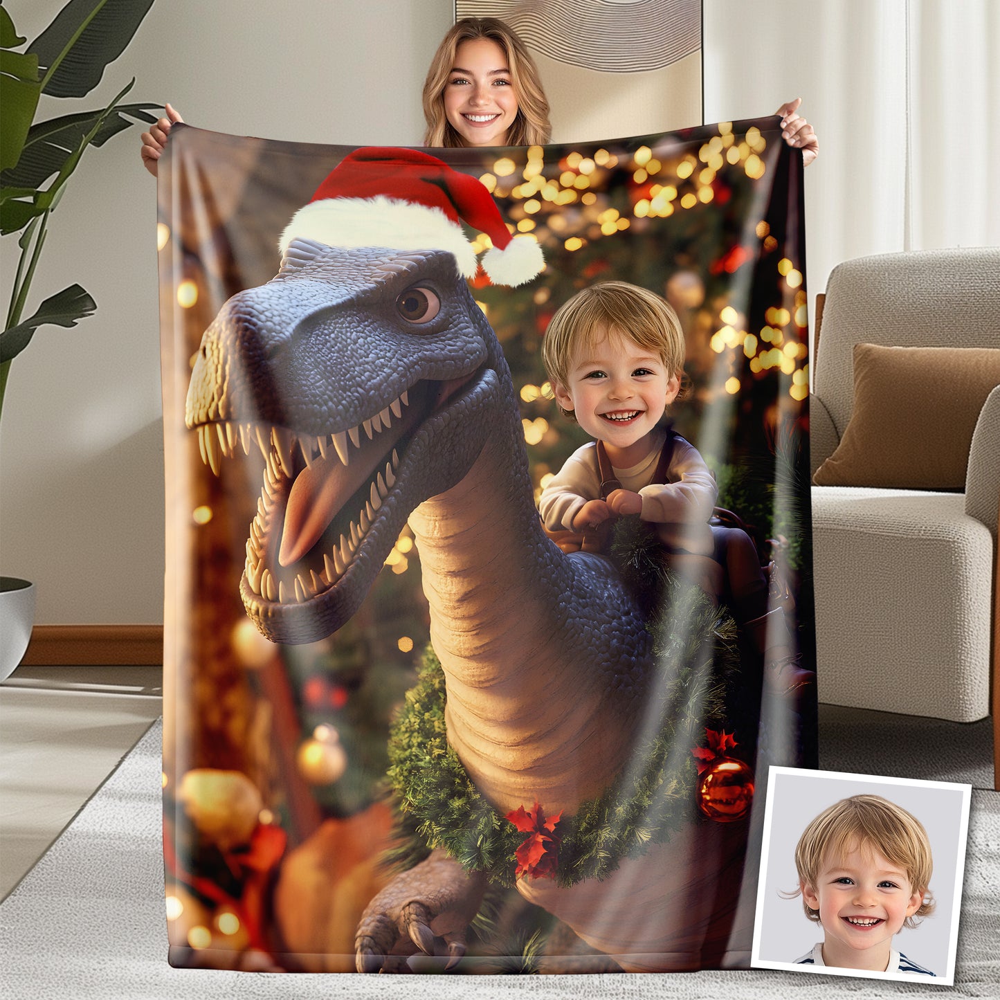 Custom Personalized Photo Blanket - Cute Dinosaur With Santa Hat - Dinosaur Blanket