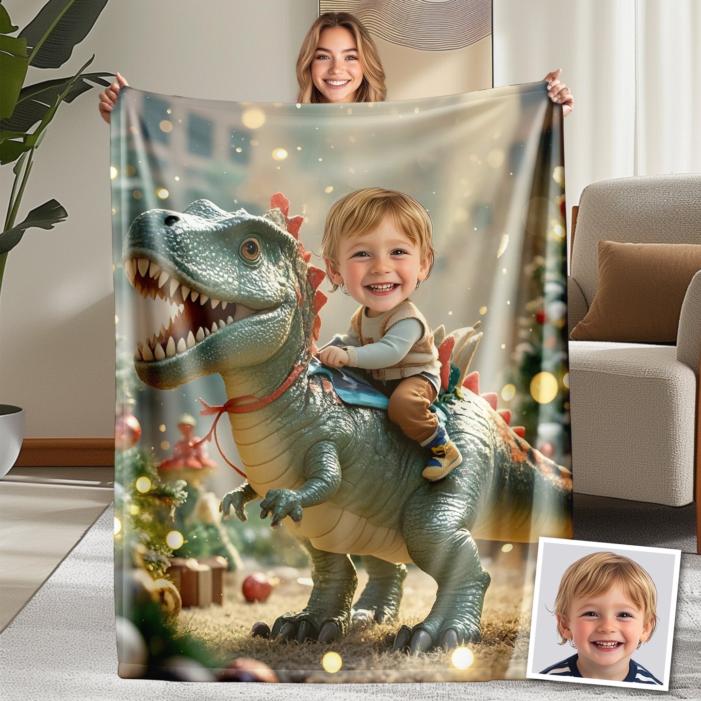 Custom Personalized Photo Blanket - Christmas Baby Dinosaur Blanket