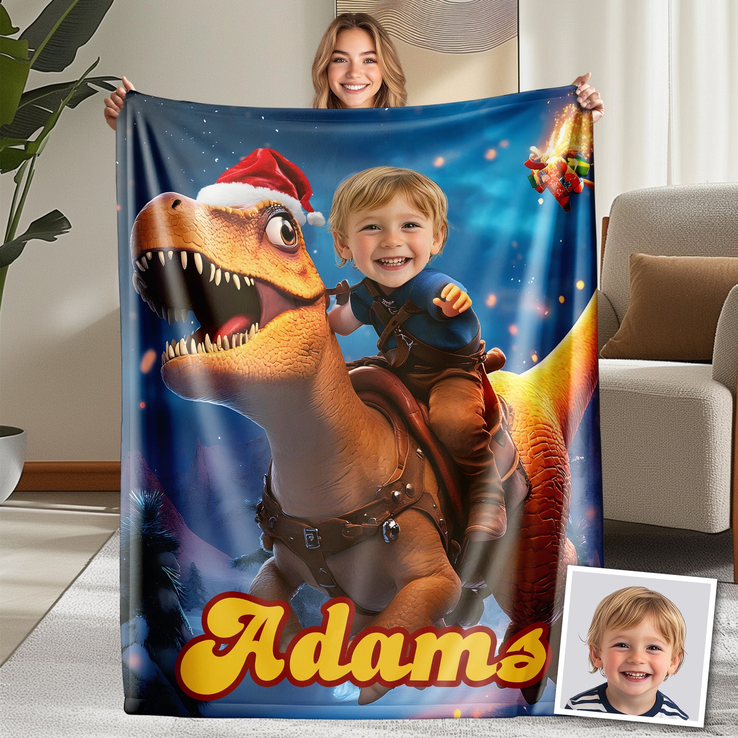 Custom Personalized Photo Blanket - Christmas Baby T-Rex - Dinosaur Blanket