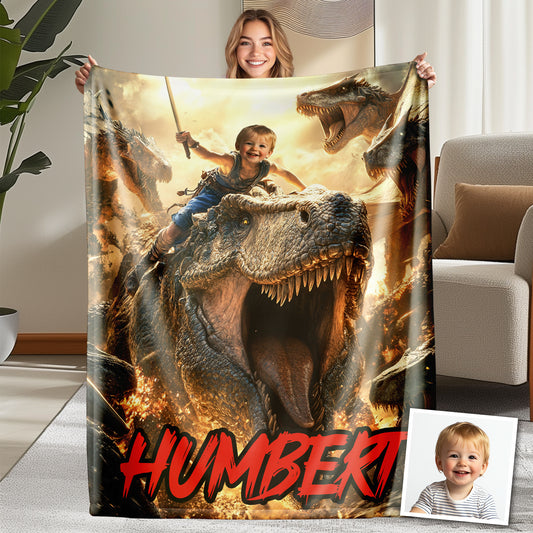 Custom Personalized Photo Blanket - Swordsman Boy On Dinosaur Back - Dinosaur Blanket