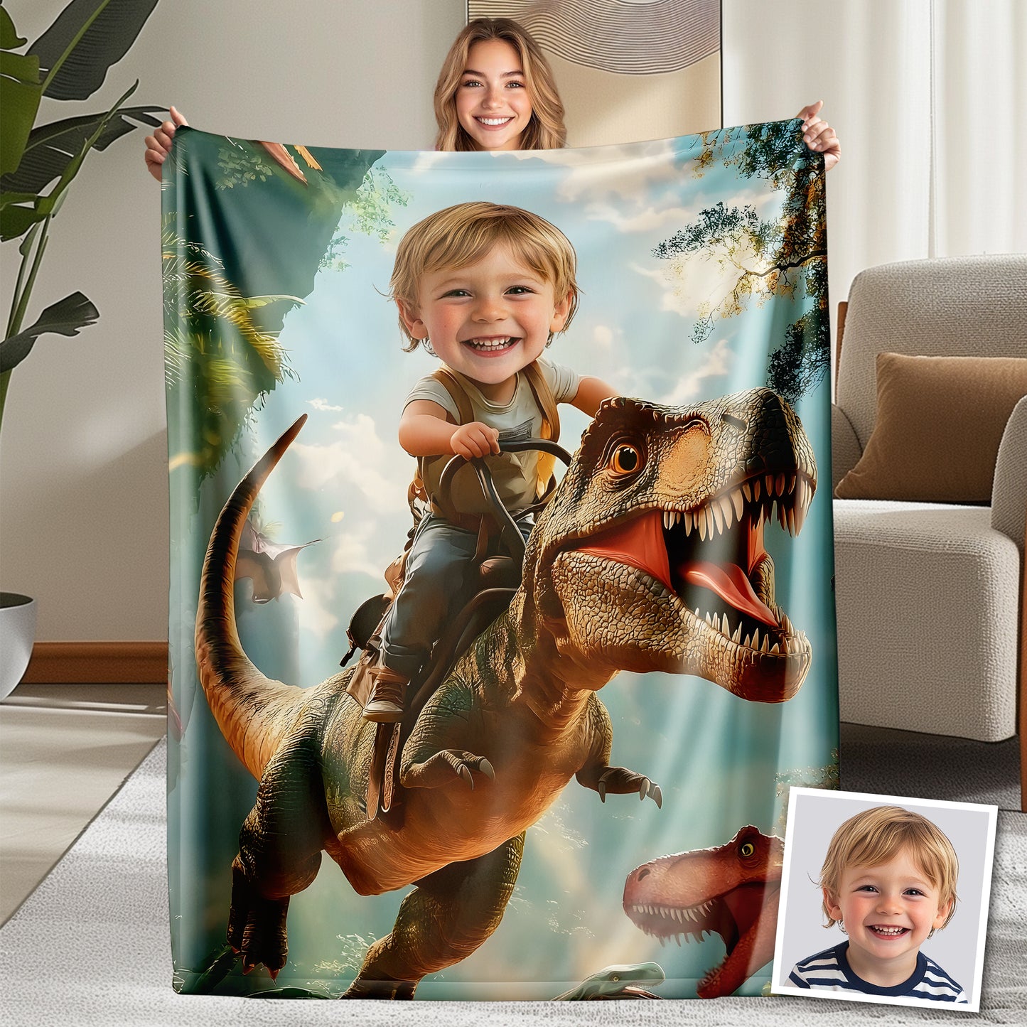 Custom Personalized Photo Blanket - Velociraptor Knight in the Mist - Dinosaur Blanket