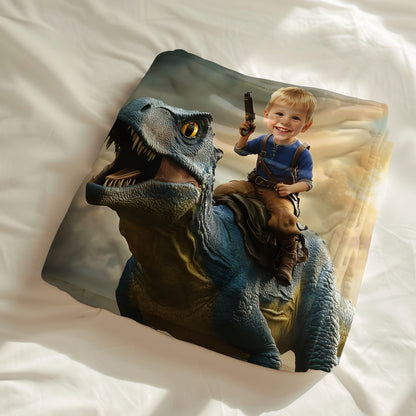 Custom Personalized Photo Blanket - Acrocanthosaurus and Cowboys - Dinosaur Blanket