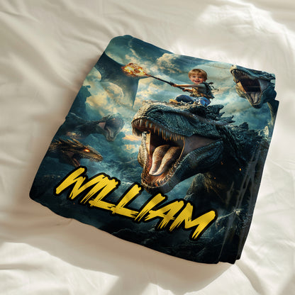 Custom Personalized Photo Blanket - The Magician Boy on Dinosaur