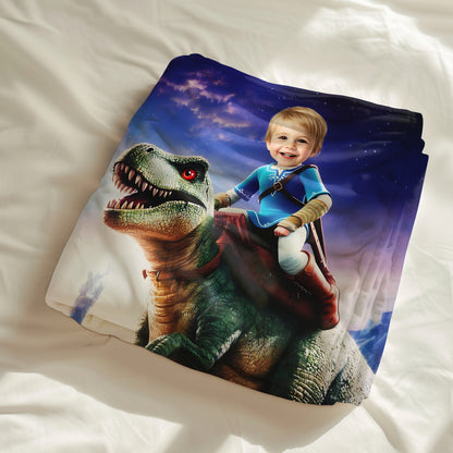 Custom Personalized Photo Blanket - T-Rex Knight Under The Starry Sky - Dinosaur Blanket