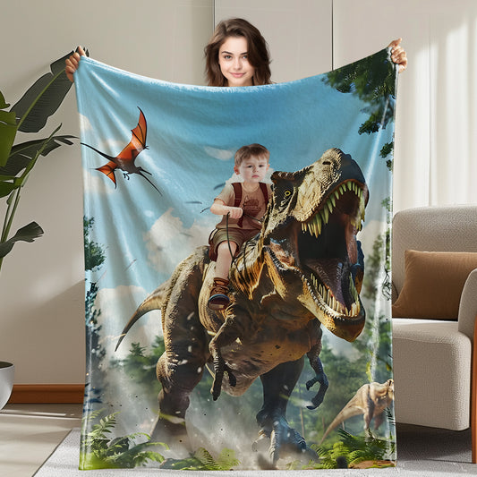 Custom Personalized Photo Blanket - Dinosaur Explorer Boy Blanket