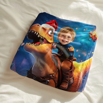 Custom Personalized Photo Blanket - Christmas Baby T-Rex - Dinosaur Blanket