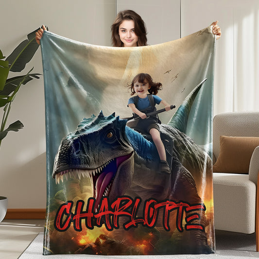 Custom Personalized Photo Blanket - Dinosaur Rider Blanket