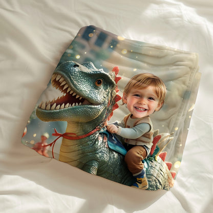 Custom Personalized Photo Blanket - Christmas Baby Dinosaur Blanket