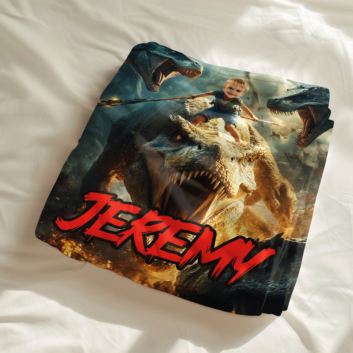 Custom Personalized Photo Blanket - Lancer on Dinosaur